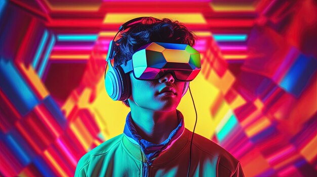 Retrato de um jovem usando óculos de realidade virtual contra um fundo colorido