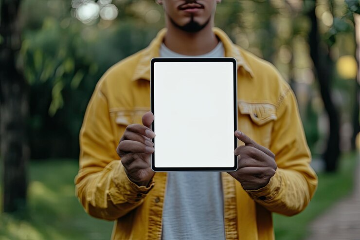 Foto retrato de um jovem usando um tablet digital