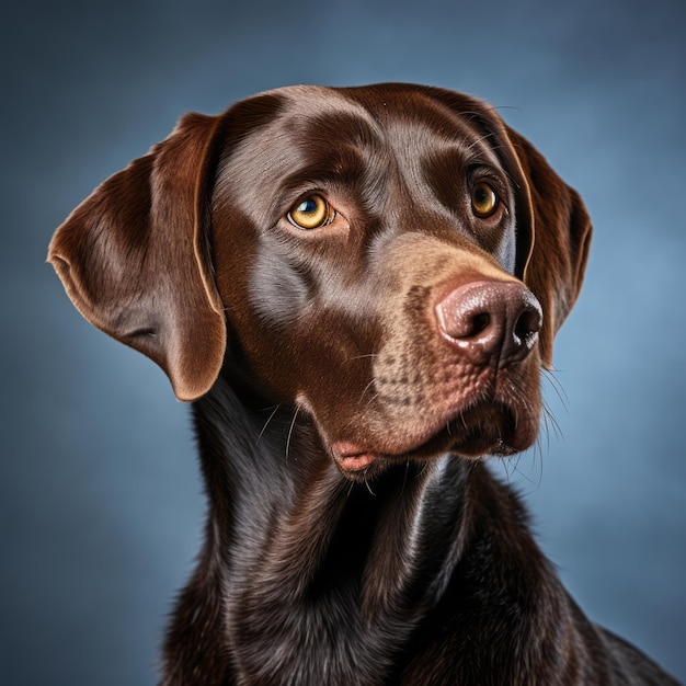 retrato de um labrador retriever de chocolate em um fundo azul