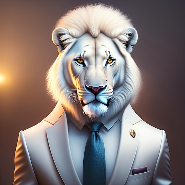 Retrato de um leão branco vestido com um terno de negócios à moda Postprocessado