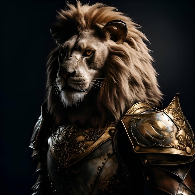 Retrato de um leão em armadura em um fundo escuro Fantasia
