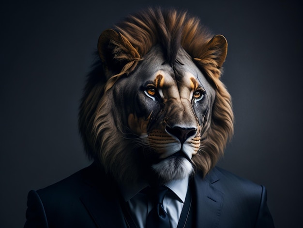 Retrato de um leão em um terno de negócios em um fundo escuro