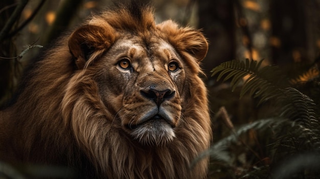 Retrato de um leão na floresta Cena selvagem da natureza Leão na selva