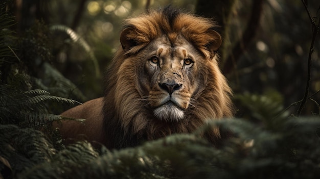 Retrato de um leão na floresta Cena selvagem da natureza Leão na selva