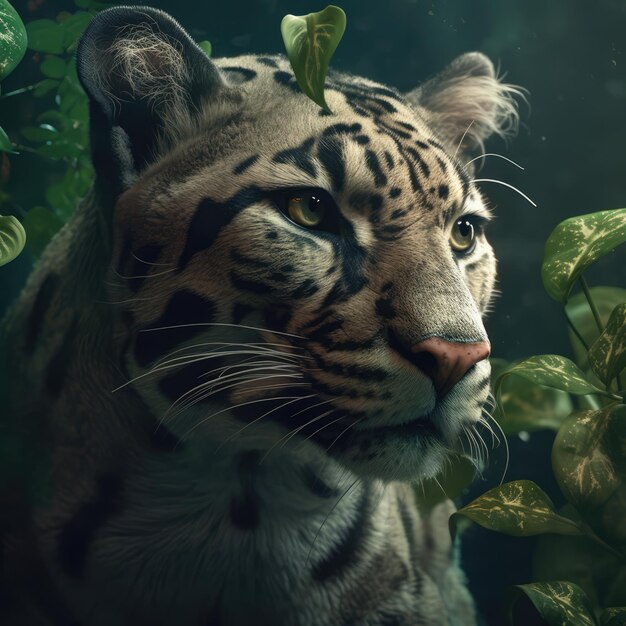 Retrato de um leopardo nublado com folhas fundidas com as folhas verdes e raízes generativas AI