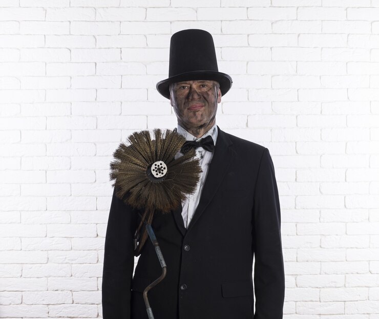 Foto retrato de um limpador de chaminés em fuligem uma escova para limpar chaminés