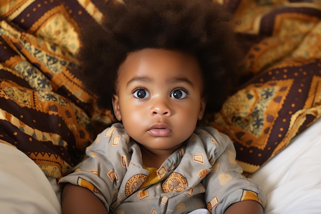 Retrato de um lindo bebê afro-americano olhando para a câmera enquanto estava deitado na cama em casa