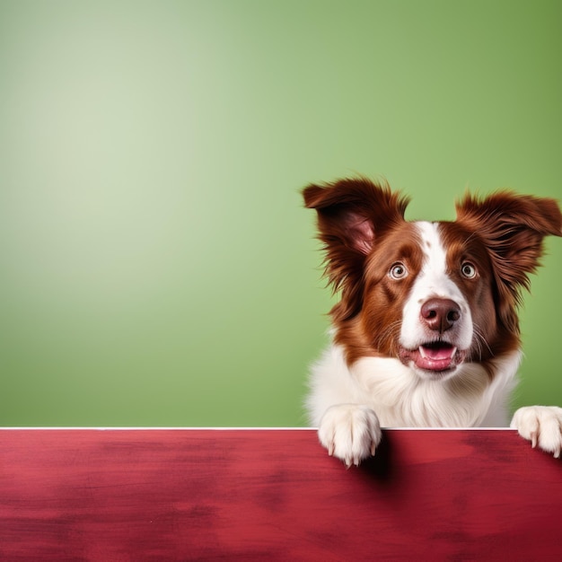 Retrato de um lindo cachorrinho border collie olhando ao redor de um tabuleiro vazio verde-limão com s