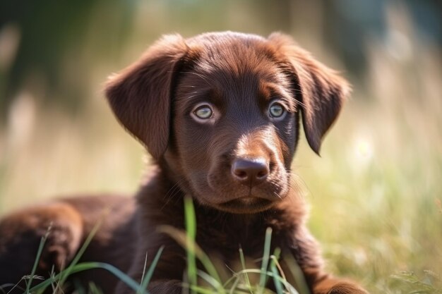 Retrato de um lindo cachorrinho marrom em um gramado criado com generative ai