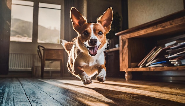 Retrato de um lindo cão corgi vermelho galês pulando na sala