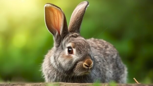 Retrato de um lindo coelho cinza fofo com orelhas em um fundo verde natural gerat ai