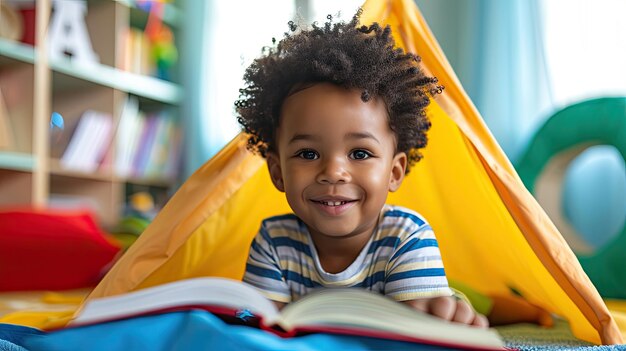 Retrato de um lindo garoto afro-americano encaracolado com livro sorrindo para a câmera enquanto lê o livro na barraca de brincar em casa criança feliz brincando sozinha no quarto de crianças