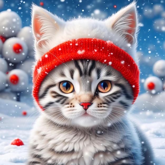 Retrato de um lindo gatinho tabby Papai Noel em um fundo nevado fundo de Natal com gatinho