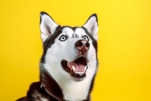 Retrato de um lindo husky siberiano em um fundo amarelo Generative AI