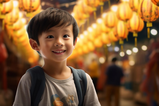 Retrato de um lindo menino asiático sorrindo no mercado noturno Generativo por Ai