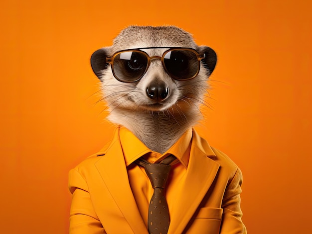 Foto retrato de um lindo suricato elegante em um terno de negócios vibrante usando óculos escuros fundo laranja claro