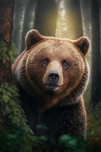 Retrato de um lindo urso pardo selvagem sozinho em uma floresta em seu habitat natural