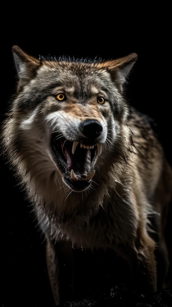 Foto retrato de um lobo com a boca aberta em um fundo preto generative ai