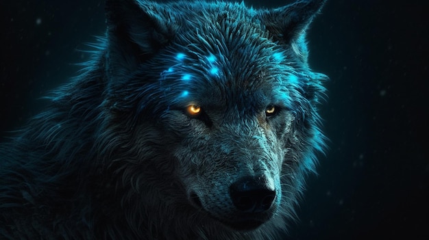 Foto retrato de um lobo com olhos azuis em um backgroundgenerative ai preto