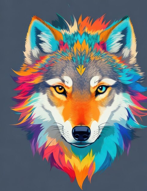 Retrato de um lobo com penas multicoloridas