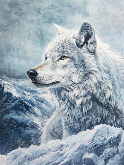 Retrato de um lobo de montanha na neve