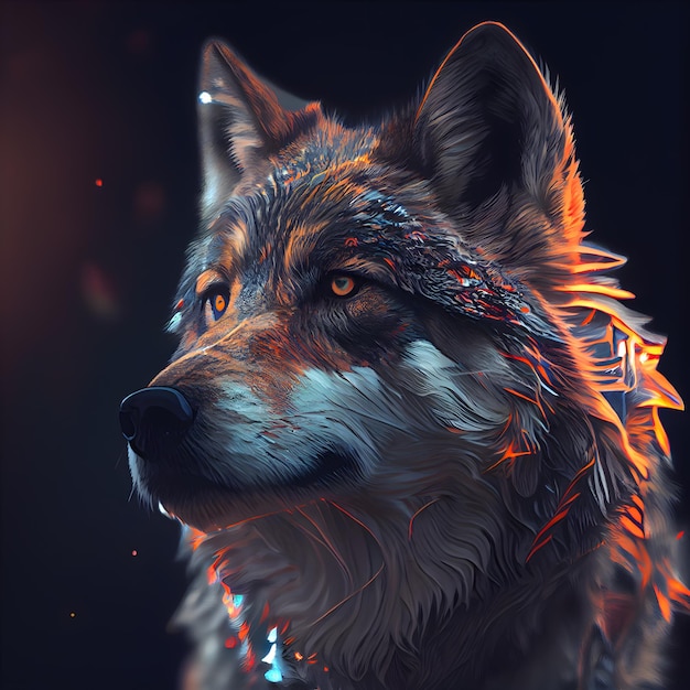 Retrato de um lobo em um fundo preto Pintura digital