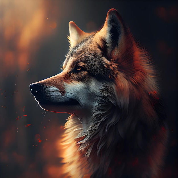 Retrato de um lobo na floresta Fogo e fumaça