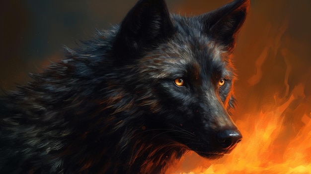 Retrato de um lobo na frente de um incêndio na floresta generativa ai