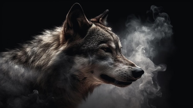 Retrato de um lobo na fumaça em um backgroundgenerative ai preto