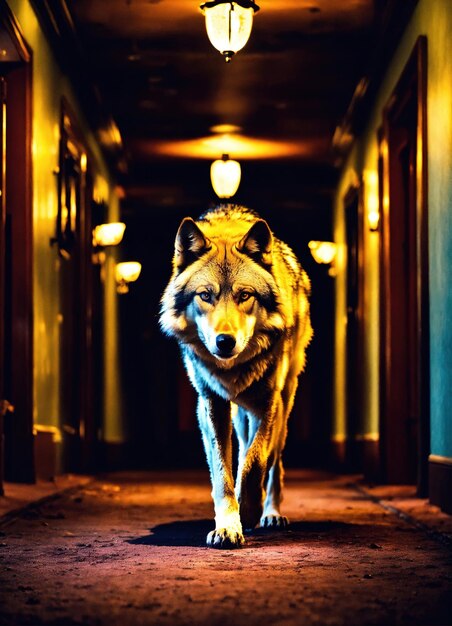 Foto retrato de um lobo num corredor escuro à noite