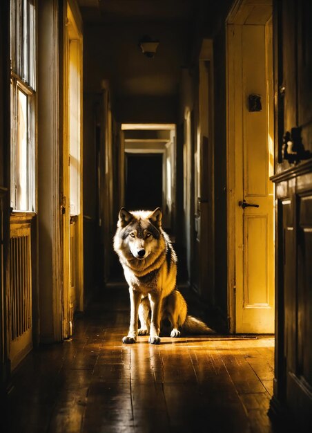 Retrato de um lobo num corredor escuro à noite