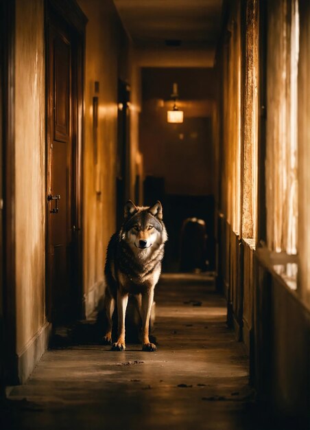 Retrato de um lobo num corredor escuro à noite