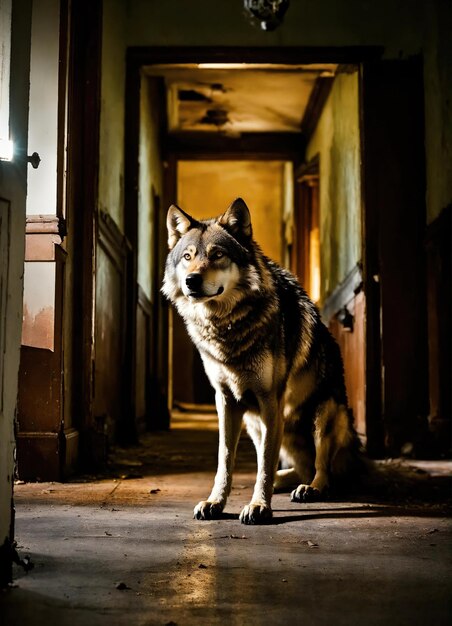 Foto retrato de um lobo num corredor escuro à noite