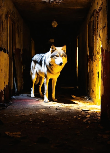 Foto retrato de um lobo num corredor escuro à noite
