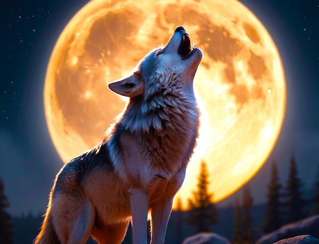 Retrato de um lobo uivando sobre a lua cheia criado usando tecnologia de IA generativa