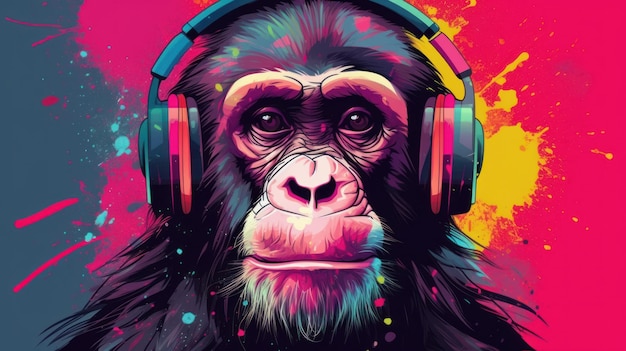 Retrato de um macaco com fones de ouvido em um fundo abstrato colorido Generative AI