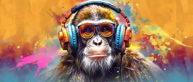 Retrato de um macaco com fones de ouvido em um fundo abstrato colorido Generative AI