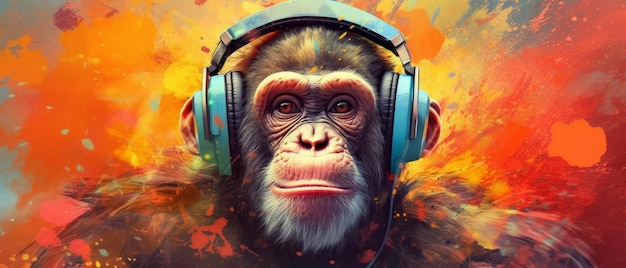 Retrato de um macaco com fones de ouvido em um fundo abstrato colorido Generative AI