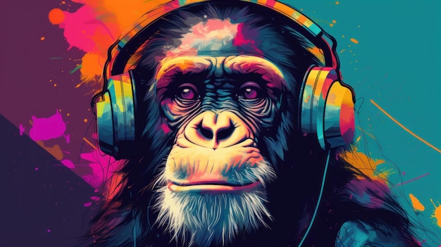 Retrato de um macaco com fones de ouvido em um fundo abstrato colorido Generative AI