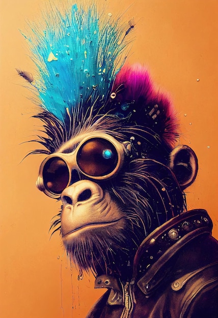 Retrato de um macaco punk Macaco músico de rock Macaco hipster com penteado punk