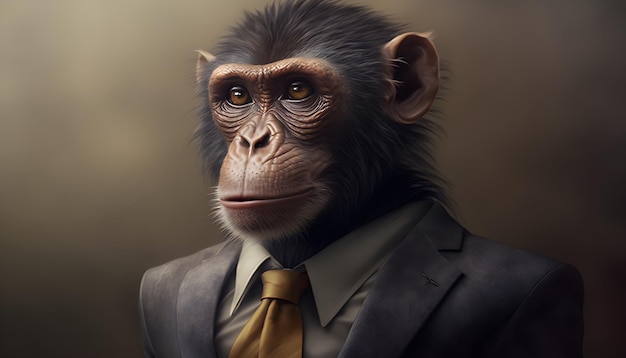 Retrato de um macaco vestido com um terno de negócio formal generativo ai