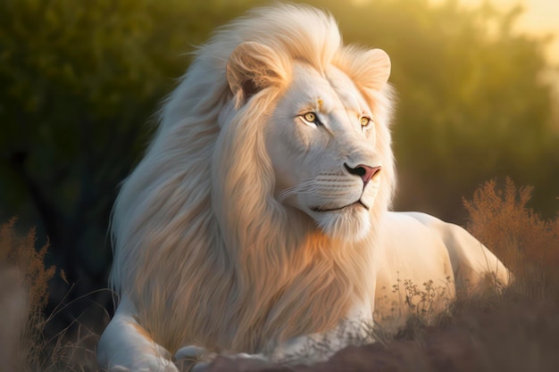 Retrato de um majestoso leão branco à luz do sol na savana