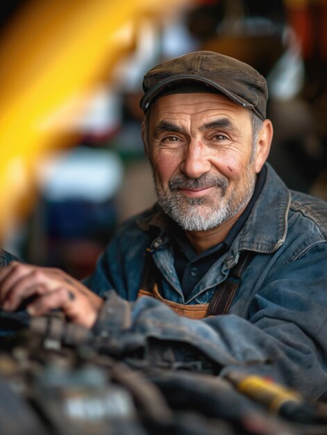 Foto retrato de um mecânico de automóveis sênior em sua garagem sorrindo para a câmera