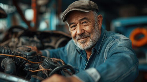 Foto retrato de um mecânico de automóveis sênior em sua garagem sorrindo para a câmera