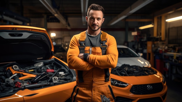 Retrato de um mecânico em um serviço de carros contra o pano de fundo de carros