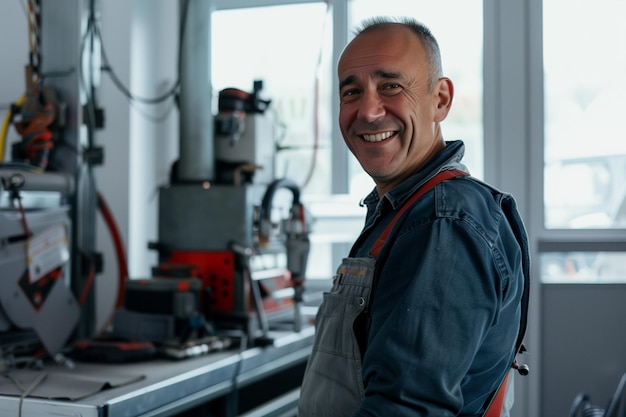 Retrato de um mecânico em uma oficina de automóveis