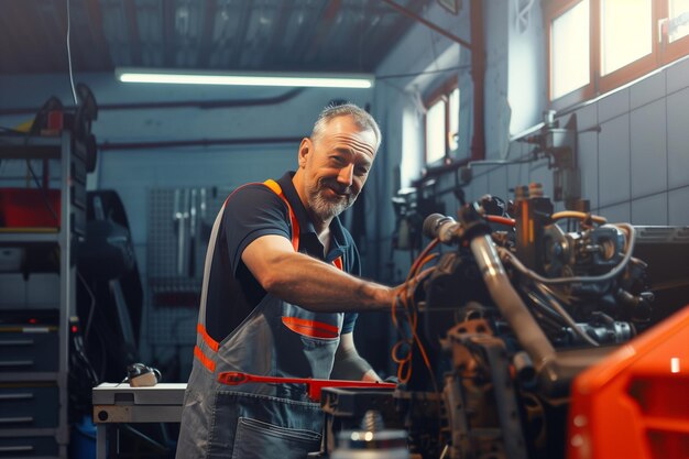 Retrato de um mecânico em uma oficina de automóveis