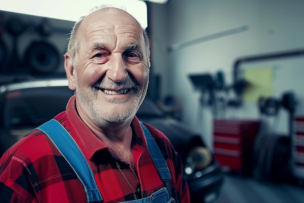 Retrato de um mecânico em uma oficina de automóveis