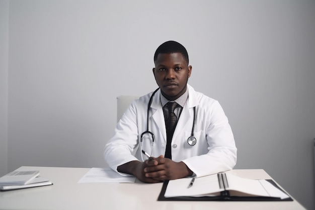 Retrato de um médico afro-americano olhando para a câmera em um fundo cinza