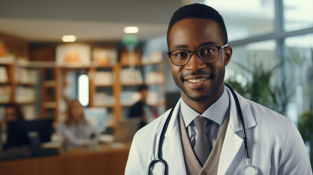 Foto retrato de um médico afro-americano sorridente com estetoscópio no escritório ia generativa